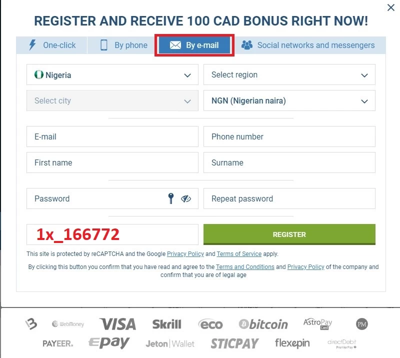  1xbet registration by email