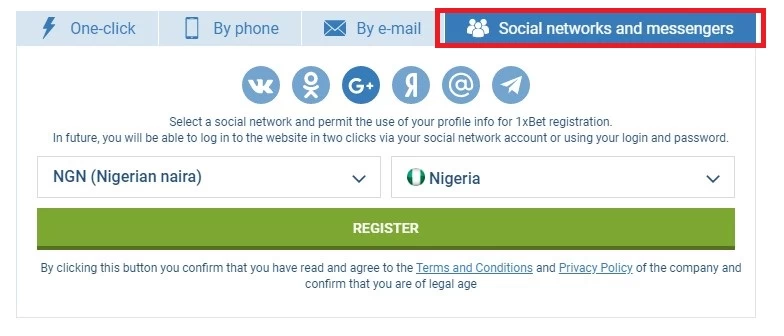  1xbet registration by social networks